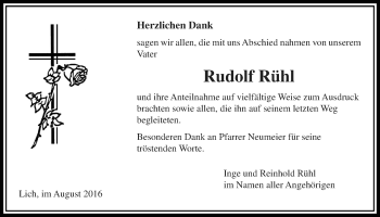Traueranzeige von Rudolf Rühl von Gießener Allgemeine, Alsfelder Allgemeine