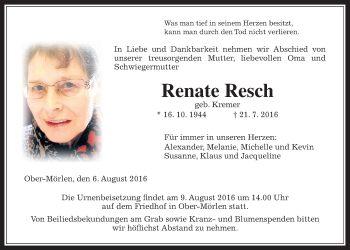 Traueranzeige von Renate Resch von Wetterauer Zeitung, Wetterauer Zeitung