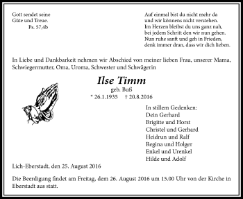 Traueranzeige von Ilse Timm von Licher Wochenblatt, Licher Wochenblatt, Licher Wochenblatt