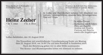 Traueranzeige von Heinz Zecher von Gießener Allgemeine, Alsfelder Allgemeine