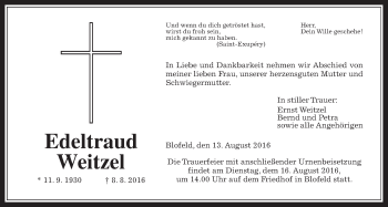 Traueranzeige von Edeltraud Weitzel von Wetterauer Zeitung, Wetterauer Zeitung
