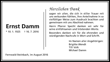 Traueranzeige von Ernst Damm von Gießener Allgemeine, Alsfelder Allgemeine
