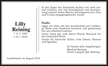 Traueranzeige von Lilly Reining von Gießener Allgemeine, Alsfelder Allgemeine, Alsfelder Allgemeine