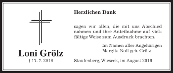 Traueranzeige von Loni Grölz von Gießener Allgemeine, Alsfelder Allgemeine