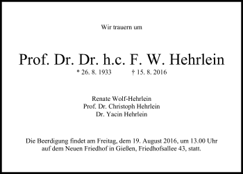 Traueranzeige von F. W. Hehrlein von Gießener Allgemeine, Alsfelder Allgemeine