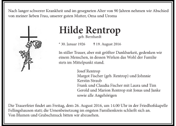 Traueranzeige von Hilde Rentrop von Gießener Allgemeine, Alsfelder Allgemeine