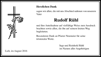 Traueranzeige von Rudolf Rühl von Licher Wochenblatt, Licher Wochenblatt, Licher Wochenblatt
