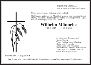 Traueranzeige von Wilhelm Männche von Gießener Allgemeine, Alsfelder Allgemeine