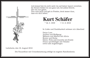 Traueranzeige von Kurt Schäfer von Gießener Allgemeine, Alsfelder Allgemeine