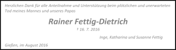 Traueranzeige von Rainer Fettig-Dietrich von Gießener Allgemeine, Alsfelder Allgemeine