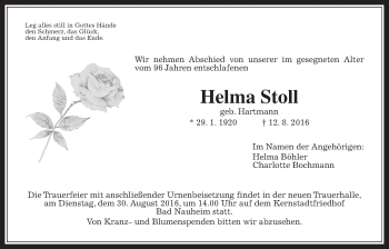 Traueranzeige von Helma Stoll von Wetterauer Zeitung, Wetterauer Zeitung
