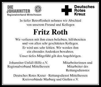Traueranzeige von Fritz Roth von Gießener Allgemeine, Alsfelder Allgemeine