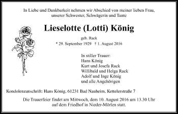 Traueranzeige von Lieselotte König von Wetterauer Zeitung, Wetterauer Zeitung