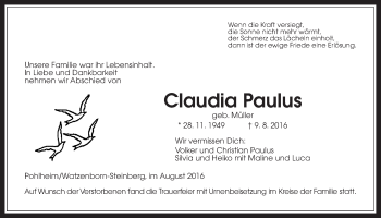 Traueranzeige von Claudia Paulus von Gießener Allgemeine, Alsfelder Allgemeine