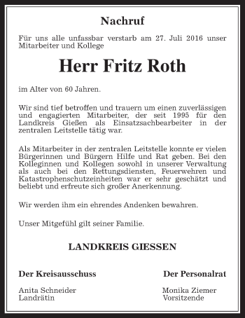 Traueranzeige von Fritz Roth von Gießener Allgemeine, Alsfelder Allgemeine