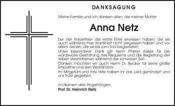 Traueranzeige von Anna Netz von Wetterauer Zeitung, Wetterauer Zeitung