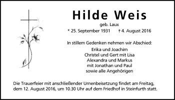 Traueranzeige von Hilde Weis von Wetterauer Zeitung, Wetterauer Zeitung