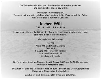 Traueranzeige von Jochen Will von Gießener Allgemeine, Alsfelder Allgemeine