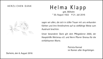 Traueranzeige von Helma Klapp von Wetterauer Zeitung, Wetterauer Zeitung