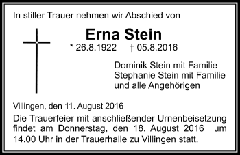 Traueranzeige von Erna Stein von Licher Wochenblatt, Licher Wochenblatt, Licher Wochenblatt
