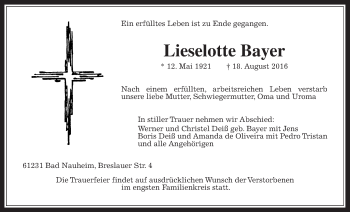 Traueranzeige von Lieselotte Bayer von Wetterauer Zeitung, Wetterauer Zeitung