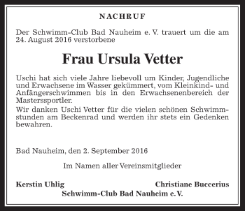 Traueranzeige von Ursula Vetter von Wetterauer Zeitung, Wetterauer Zeitung