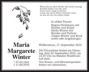 Traueranzeige von Maria Margarete Winter von Wetterauer Zeitung, Wetterauer Zeitung