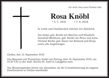 Traueranzeige von Rosa Knöbl von Gießener Allgemeine, Alsfelder Allgemeine