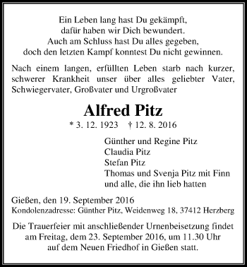 Traueranzeige von Alfred Pitz von Gießener Allgemeine, Alsfelder Allgemeine