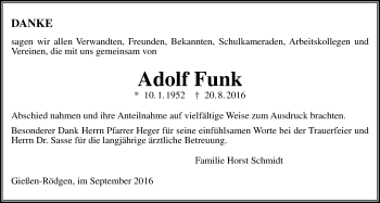 Traueranzeige von Adolf Funk von Gießener Allgemeine, Alsfelder Allgemeine