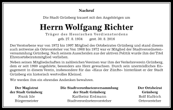 Traueranzeige von Wolfgang Richter von Heimatzeitung Grünberg + Laubach, Laubacher Anzeiger