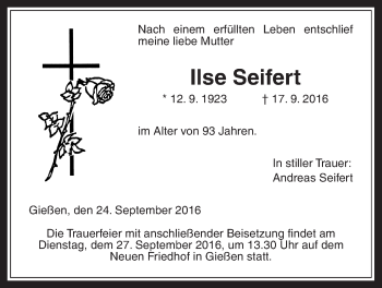 Traueranzeige von Ilse  Seifert von Gießener Allgemeine, Alsfelder Allgemeine