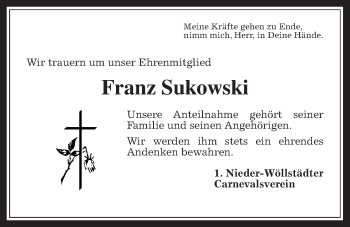 Traueranzeige von Franz Sukowski von Wetterauer Zeitung, Wetterauer Zeitung