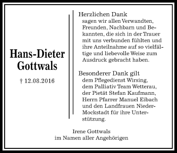 Traueranzeige von Hans-Dieter Gottrwals von Wetterauer Zeitung, Wetterauer Zeitung