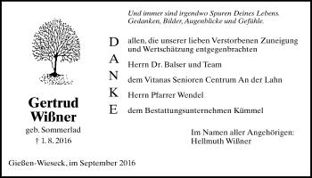 Traueranzeige von Gertrud Wißner von Gießener Allgemeine, Alsfelder Allgemeine