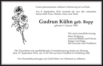Traueranzeige von Gudrun Kühn von Wetterauer Zeitung, Wetterauer Zeitung