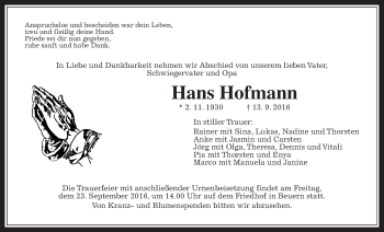 Traueranzeige von Hans Hofmann von Gießener Allgemeine, Alsfelder Allgemeine