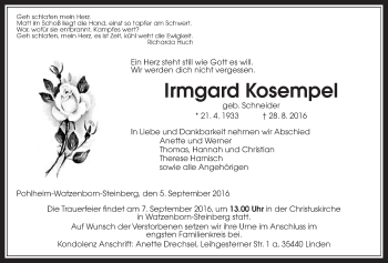 Traueranzeige von Irmgard Kosempel von Gießener Allgemeine, Alsfelder Allgemeine