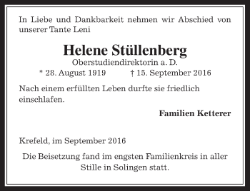 Traueranzeige von Helene Stüllenberg von Gießener Allgemeine, Alsfelder Allgemeine