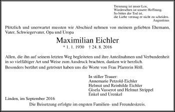 Traueranzeige von Maximilian Eichler von Gießener Allgemeine, Alsfelder Allgemeine