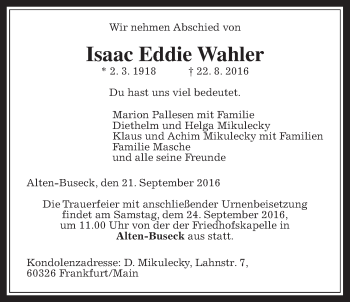 Traueranzeige von Isaac Eddie Wahler von Gießener Allgemeine, Alsfelder Allgemeine