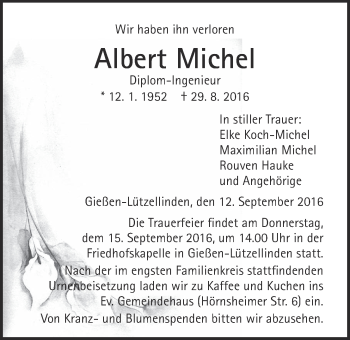 Traueranzeige von Albert Michel von Gießener Allgemeine, Alsfelder Allgemeine