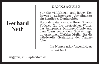 Traueranzeige von Gerhard Neth von Gießener Allgemeine, Alsfelder Allgemeine