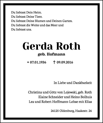 Traueranzeige von Gerda Roth von Gießener Allgemeine, Alsfelder Allgemeine