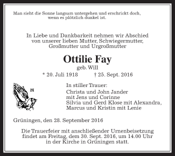 Traueranzeige von Ottilie Fay von Gießener Allgemeine, Alsfelder Allgemeine
