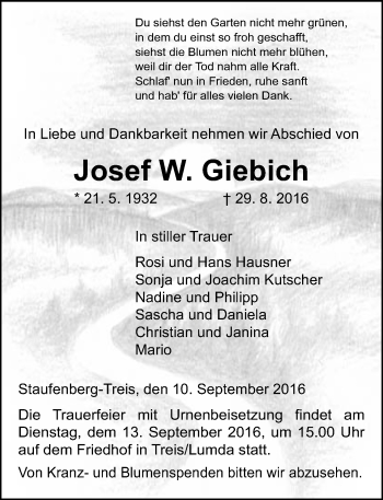 Traueranzeige von Josef W. Giebich von Gießener Allgemeine, Alsfelder Allgemeine