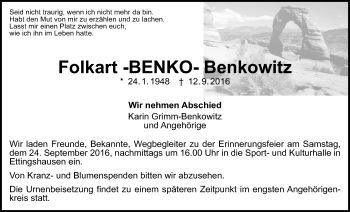Traueranzeige von Folkart Benkowitz von Gießener Allgemeine, Alsfelder Allgemeine