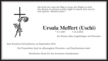 Traueranzeige von Ursula Meffert von Wetterauer Zeitung, Wetterauer Zeitung