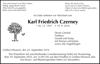 Traueranzeige von Karl Friedrich Czerney von Gießener Allgemeine, Alsfelder Allgemeine
