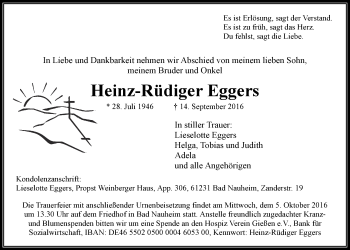 Traueranzeige von Heinz-Rüdiger Eggers von Wetterauer Zeitung, Wetterauer Zeitung